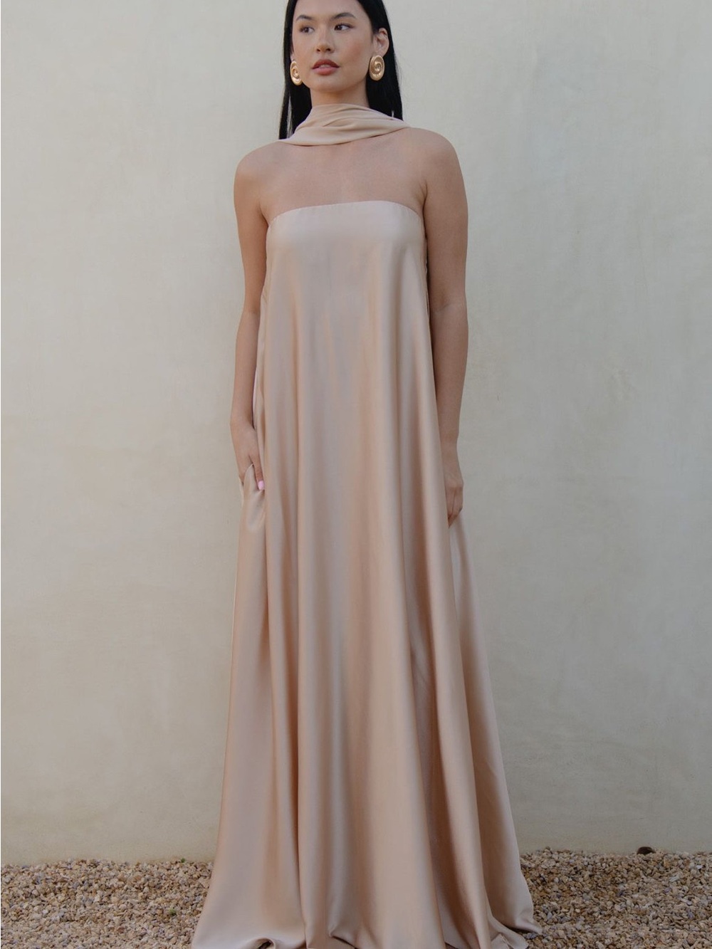 Show Me Your Mumu Strapless Satin Maxi Dress in Champagne